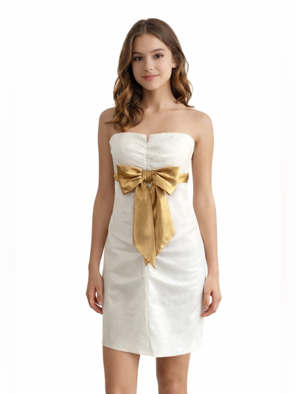 Stacy Sklar Blondie Nites Strapless White Gold Bow Dress Size 11